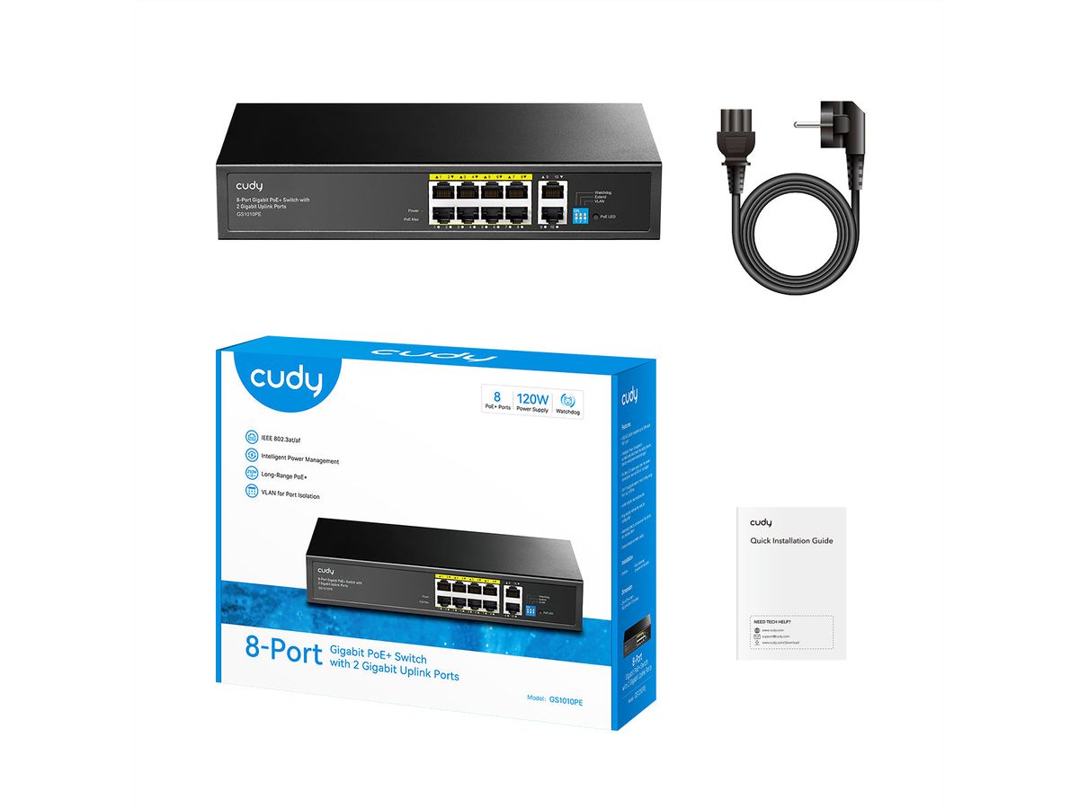 CUDY GS1010PE Switch 8 ports Gigabit PoE+, 2 ports Gigabit Uplink 120W
