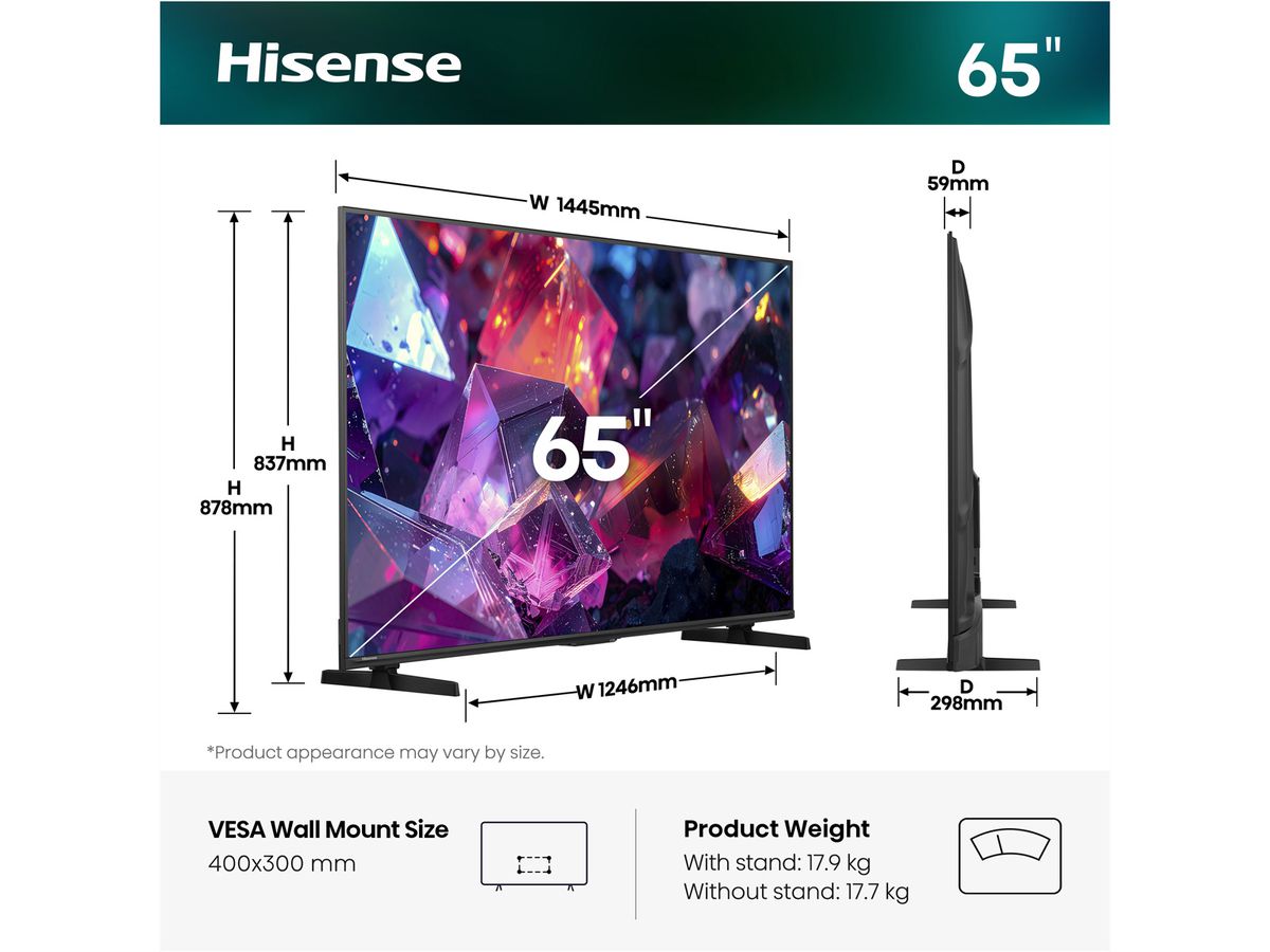 Hisense TV 65E7S PRO 65", QLED 4K, 144Hz, 350 Nits