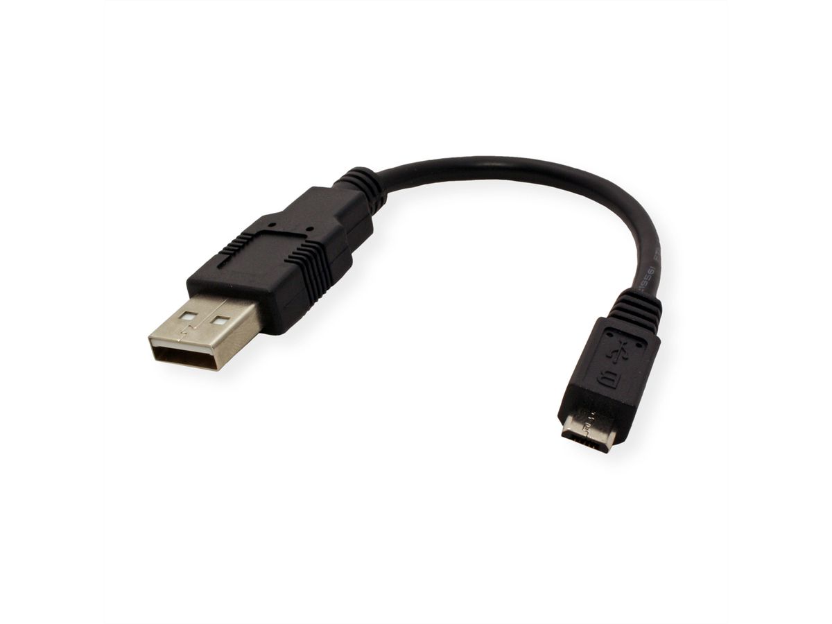 ROLINE Câble USB 2.0, USB A mâle - Micro USB B mâle, noir, 0,15 m