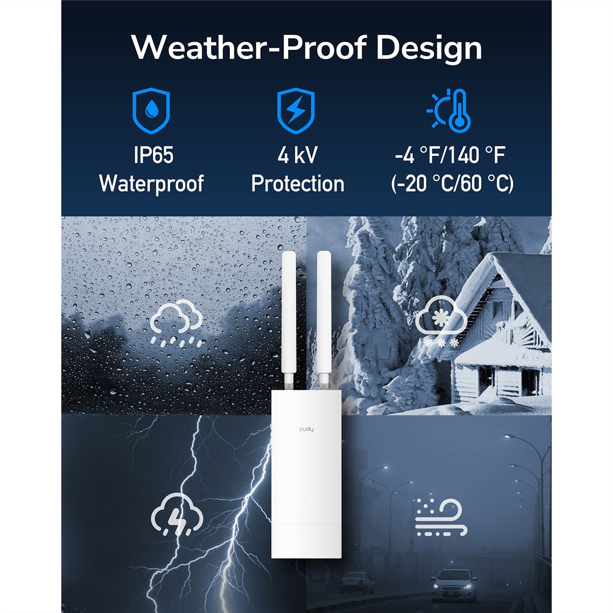 Cudy Unlocked Outdoor 4G LTE Cat 4 modem router, AC1200, IP65, afneembare antennes, passief PoE, paal- of wandmontage, VPN, LT500 Outdoor