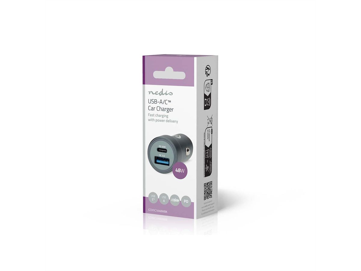 Nedis Auto-Ladegerät 48W, USB-C/USB-A, PD3.0, dunkelgrau