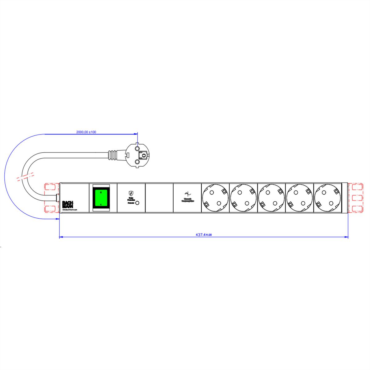 BACHMANN 19" 1UH 5xCEE7/3 1xinterrupteur 1xGVS-Plus 2,0m CEE7/7