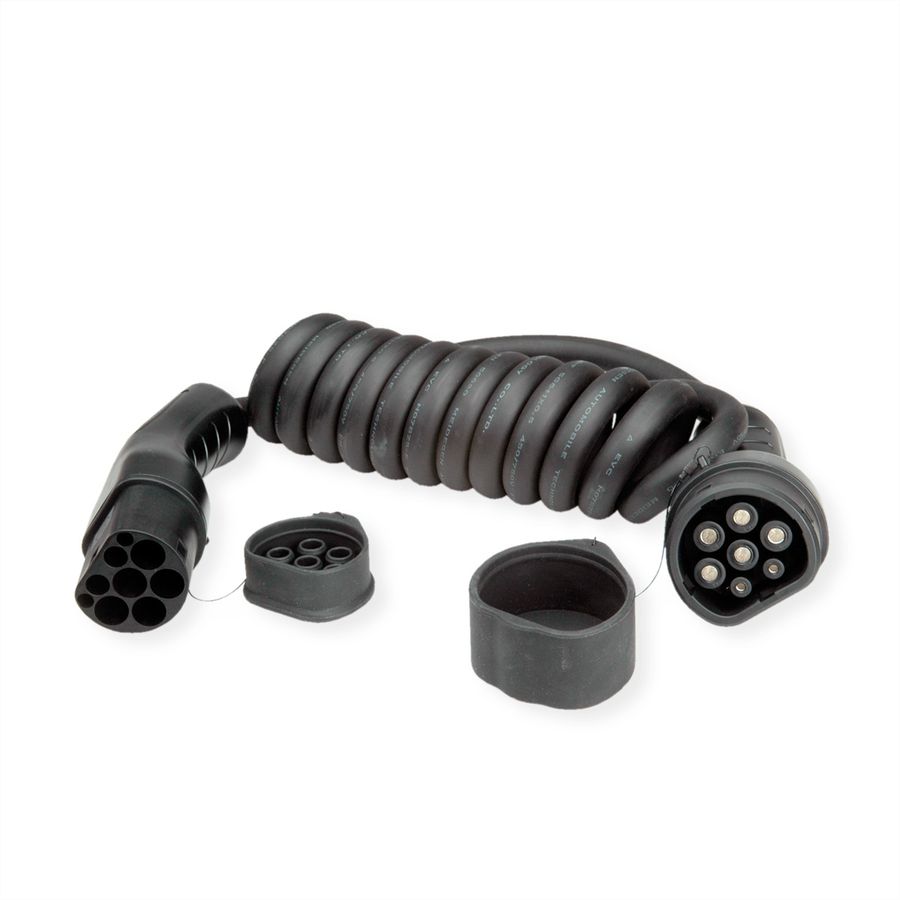 ROLINE Câble de recharge VE type2, 3-Phases, 480VAC (3P+N+E), 16 A, 11 kW, spirale (max. 2m)