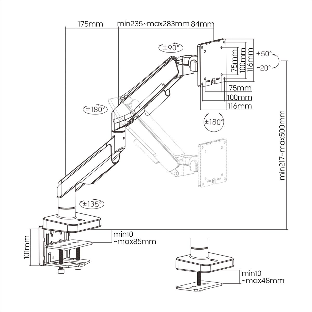 ROLINE Support LCD à gaz, fonction pivot, 5 axes de rotation, 17–49 pouces, jusqu'à 20 kg