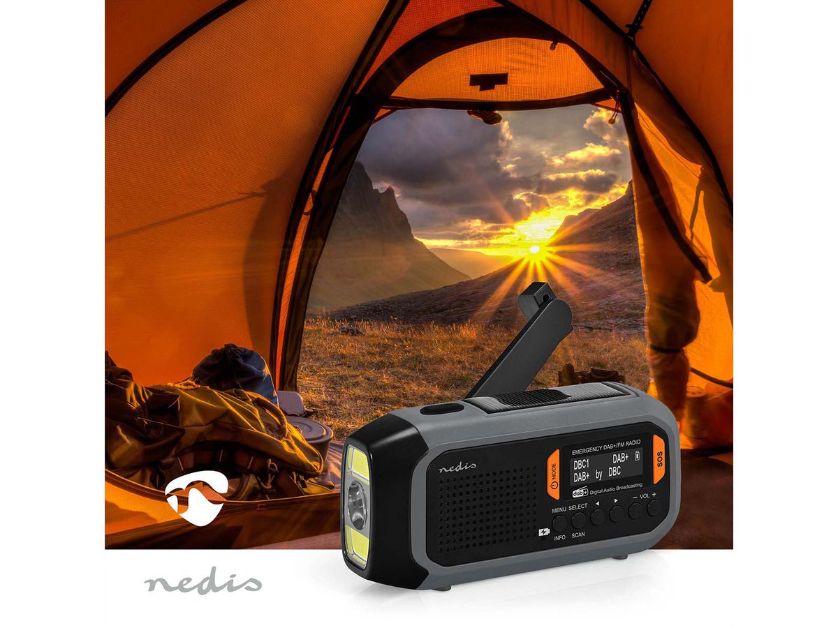 Radio d'urgence Nedis DAB FM avec manivelle, panneau solaire et batterie externe, Radio d'urgence portable pour les situations d'urgence, le camping et les activités de plein air