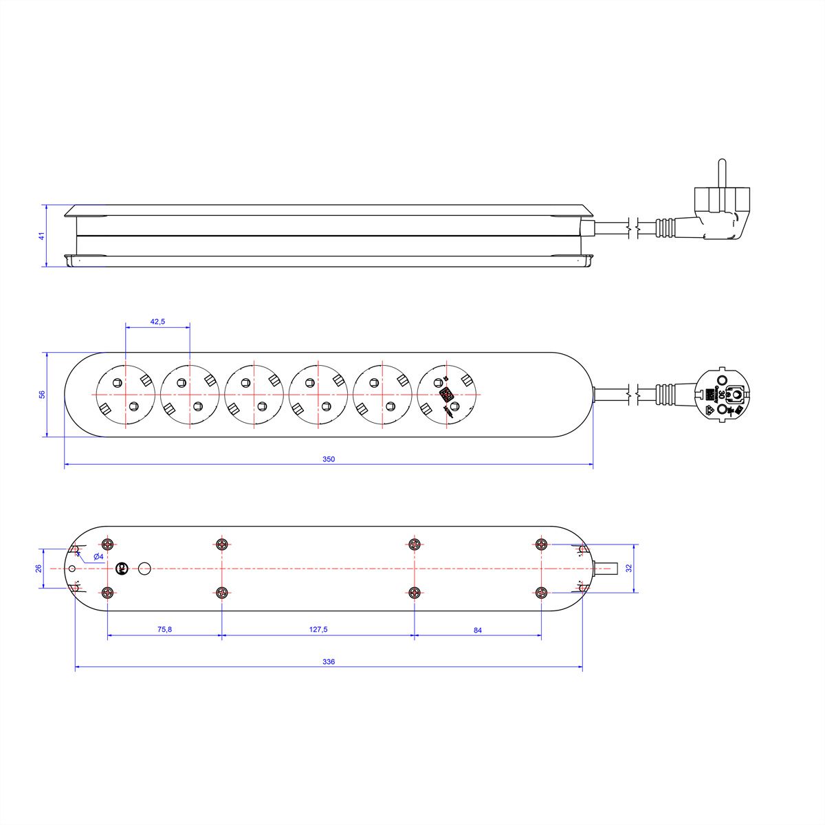 BACHMANN SMART Bâti de prises 6x contact de protection, blanc, 3 m
