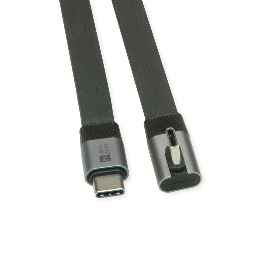 ROLINE USB4 2.0 Flachkabel, C–C, ST/ST, 8K UHD-2, 80Gbit/s, 240W, einseitig 90°-gewinkelt, schwarz, 0,8 m
