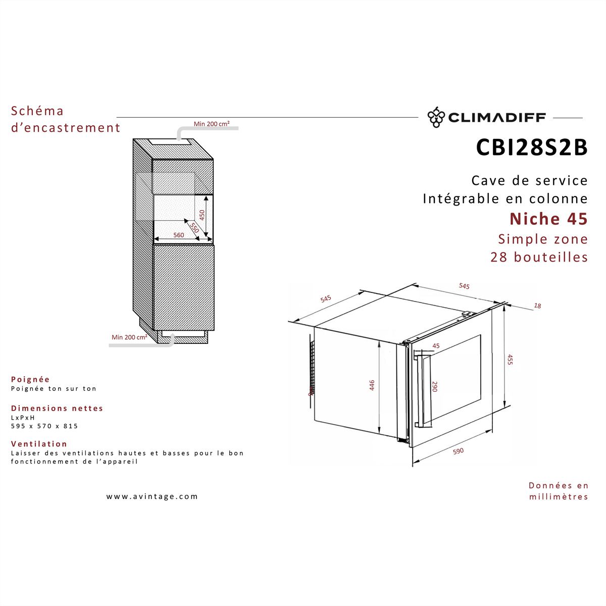 Climadiff Weinkühlschrank CBI28S2B, Freistehend, 1 Zone, 28 Flaschen