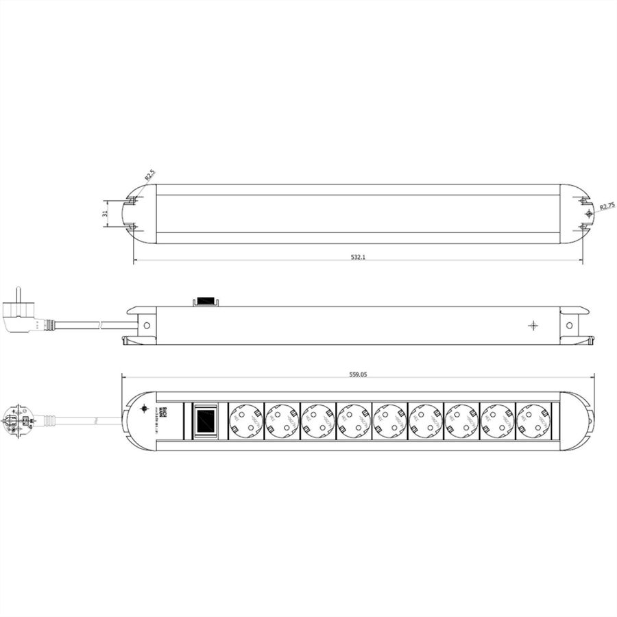 BACHMANN PRIMO Bâti de prises 9x contact de protection, aluminium, avec interrupteur, 1,75 m