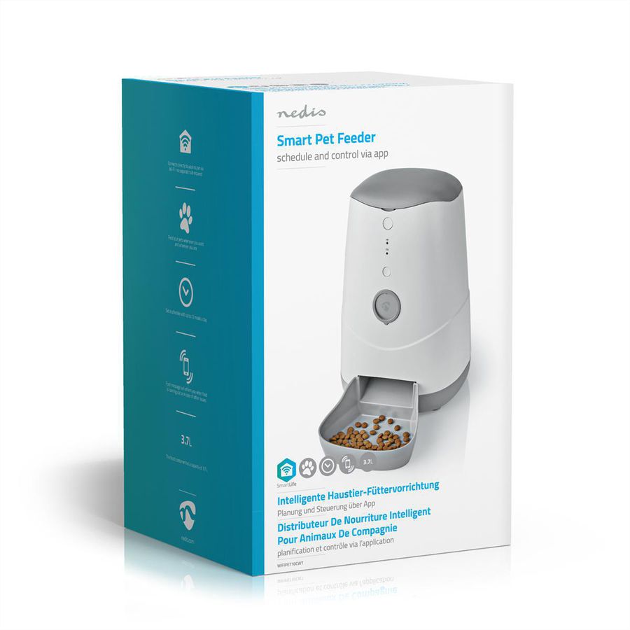 Distributeur de nourriture Nedis SmartLife Wi-Fi 3,7 l pour chiens et chats, Android™ / IOS, Blanc, Gris