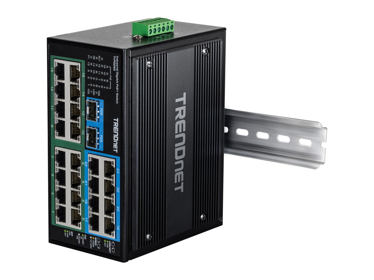 TRENDnet TI-PG262 Switch Rail DIN PoE+ Gigabit, industriel renforcé à 26 ports