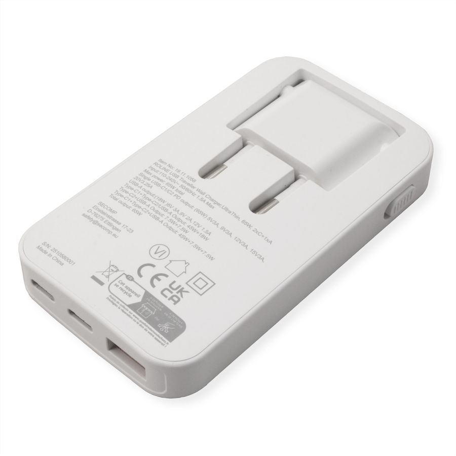 ROLINE Chargeur USB extra plat, avec prise Euro pliable, 65W