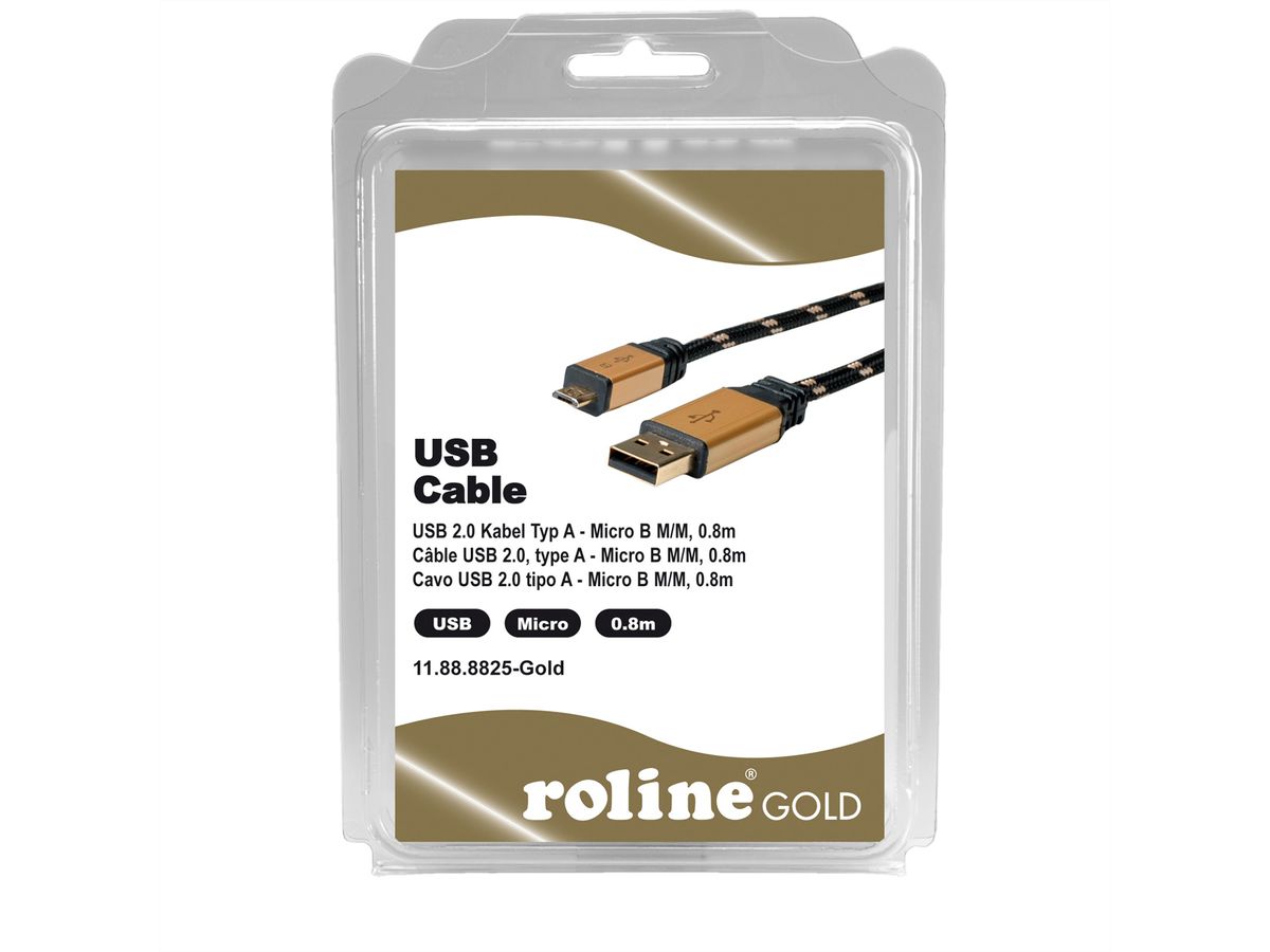 ROLINE GOLD Câble USB 2.0, USB A mâle - Micro USB B mâle, Retail Blister, 0,8 m