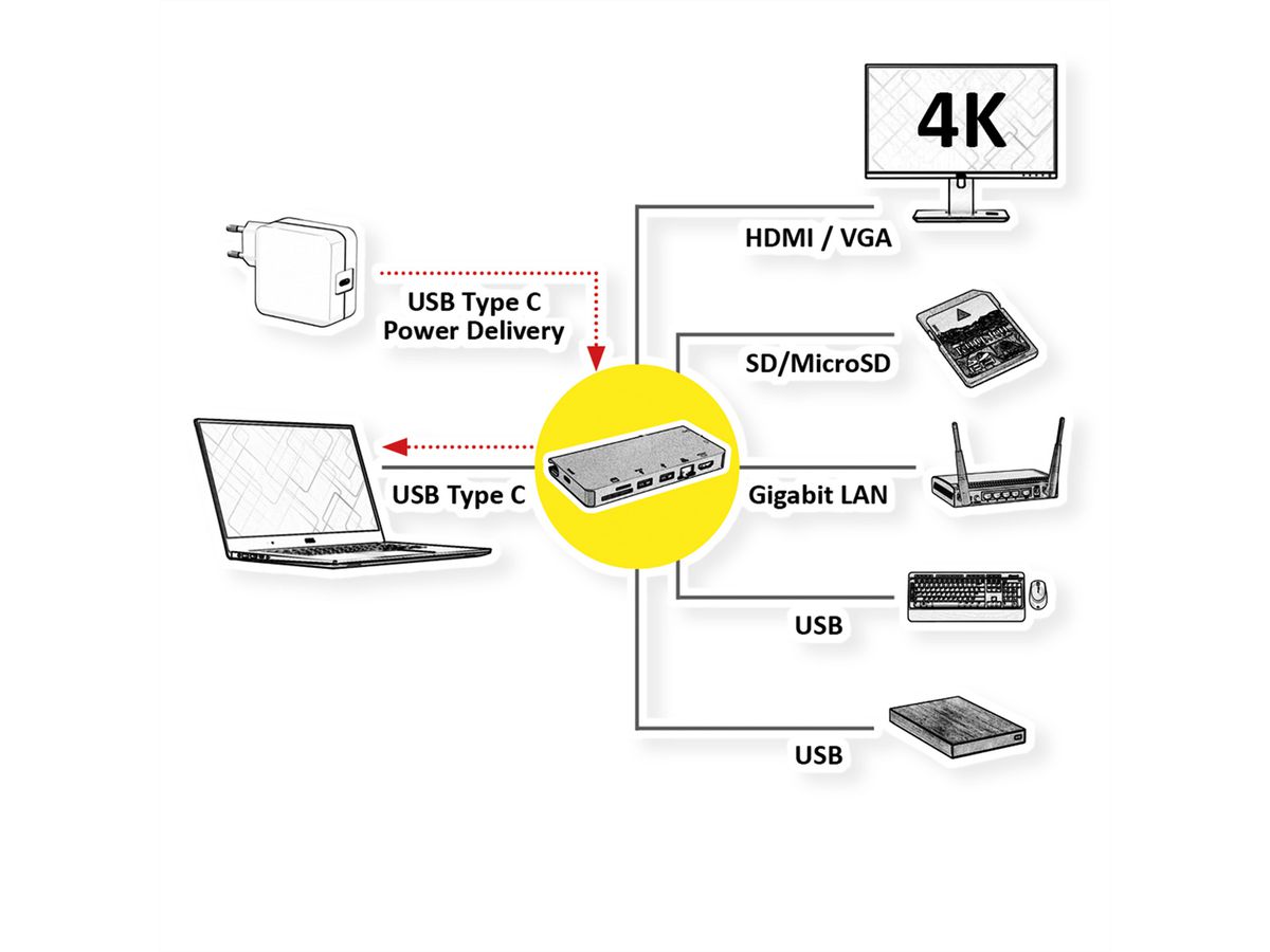 ROLINE Station d'accueil USB type C, HDMI  4K, VGA, 2x USB 3.2 Gen 1, 1x LAN, 1x PD, 1 lecteur de carte