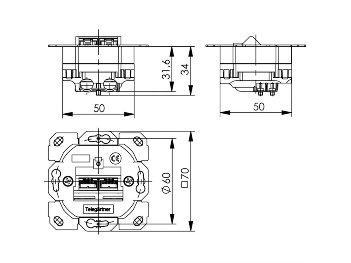 TELEGÄRTNER Dose AMJ45 ohne Zentralplatte, 2x RJ-45 Cat.6A (Class EA)