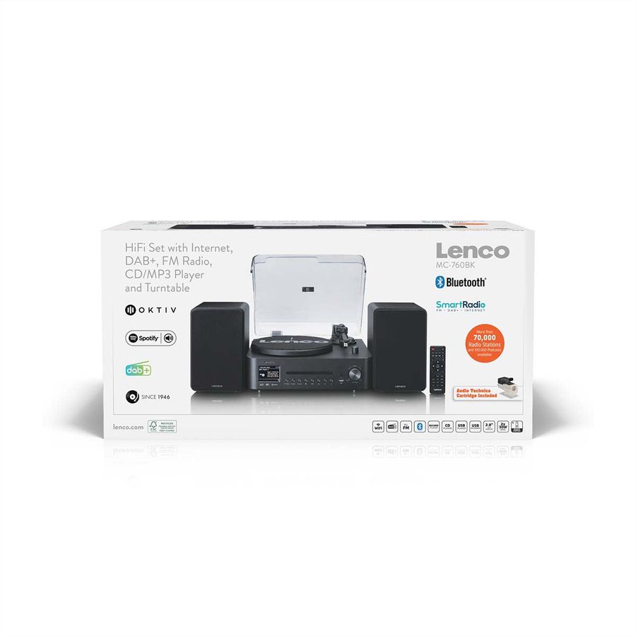 Lenco MC-760BK - Chaîne hi-fi stéréo avec platine vinyle et haut-parleurs, CD, MP3, BT, USB, RC