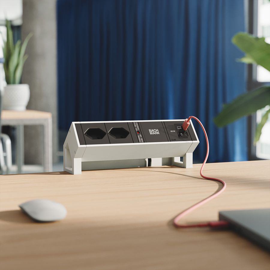 BACHMANN DESK2 2xCH 90° 1xUSB C/C 65W, L=0,2m RAL9010