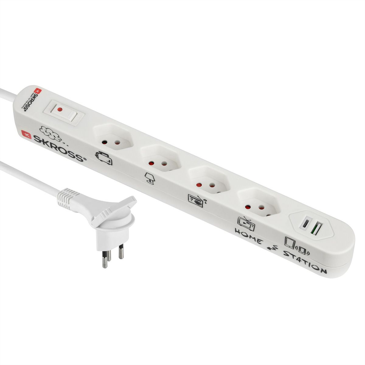 Skross bloc multiprise 4x T13, 1xUSB-C, 1xUSB-A, interrupteur, blanc