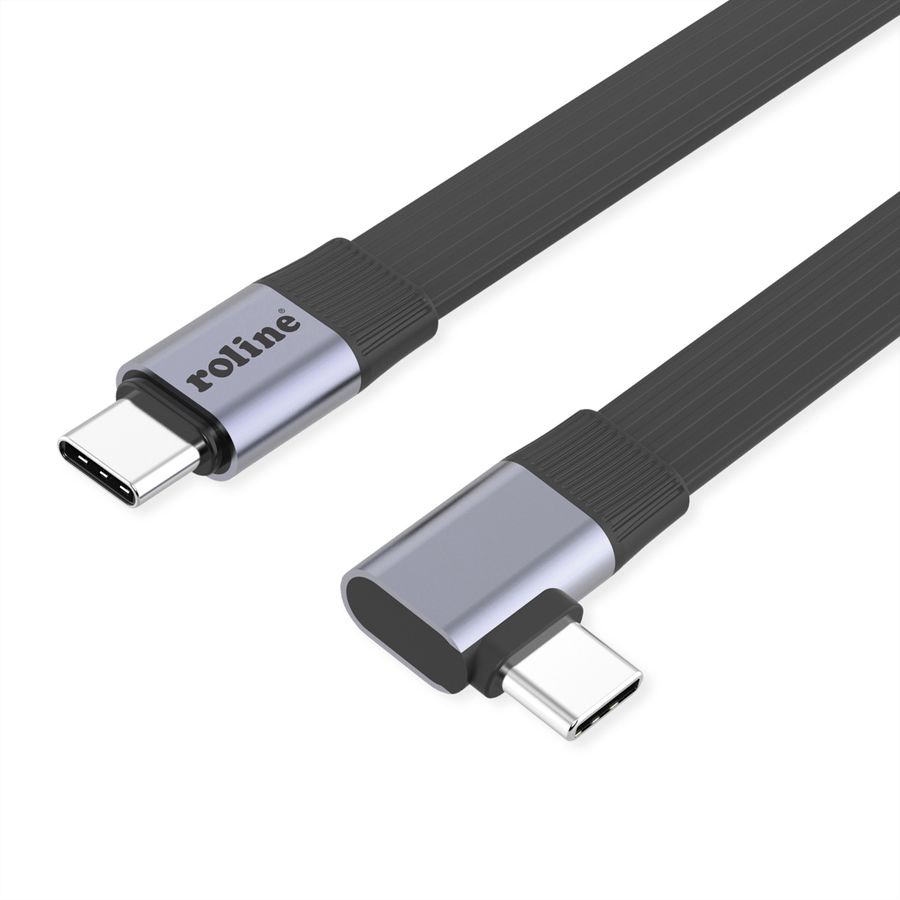 ROLINE USB4 2.0 Flachkabel, C–C, ST/ST, 8K UHD-2, 80Gbit/s, 240W, einseitig 90°-gewinkelt, schwarz, 0,13 m