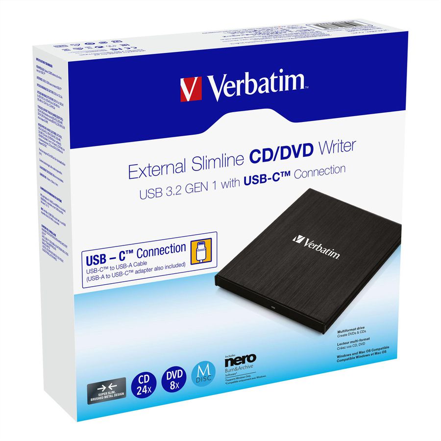 Verbatim CD/DVD Laufwerk extern, USB-C 3.2, 1,5 GBit/s