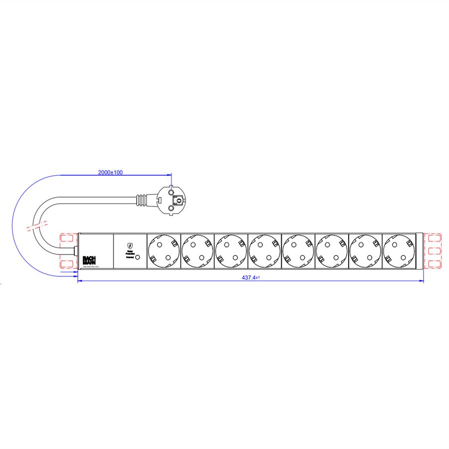 BACHMANN 19" 1UH 8xCEE7/3 RAL7035 1xSPD-Plus 2,0m CEE7/7