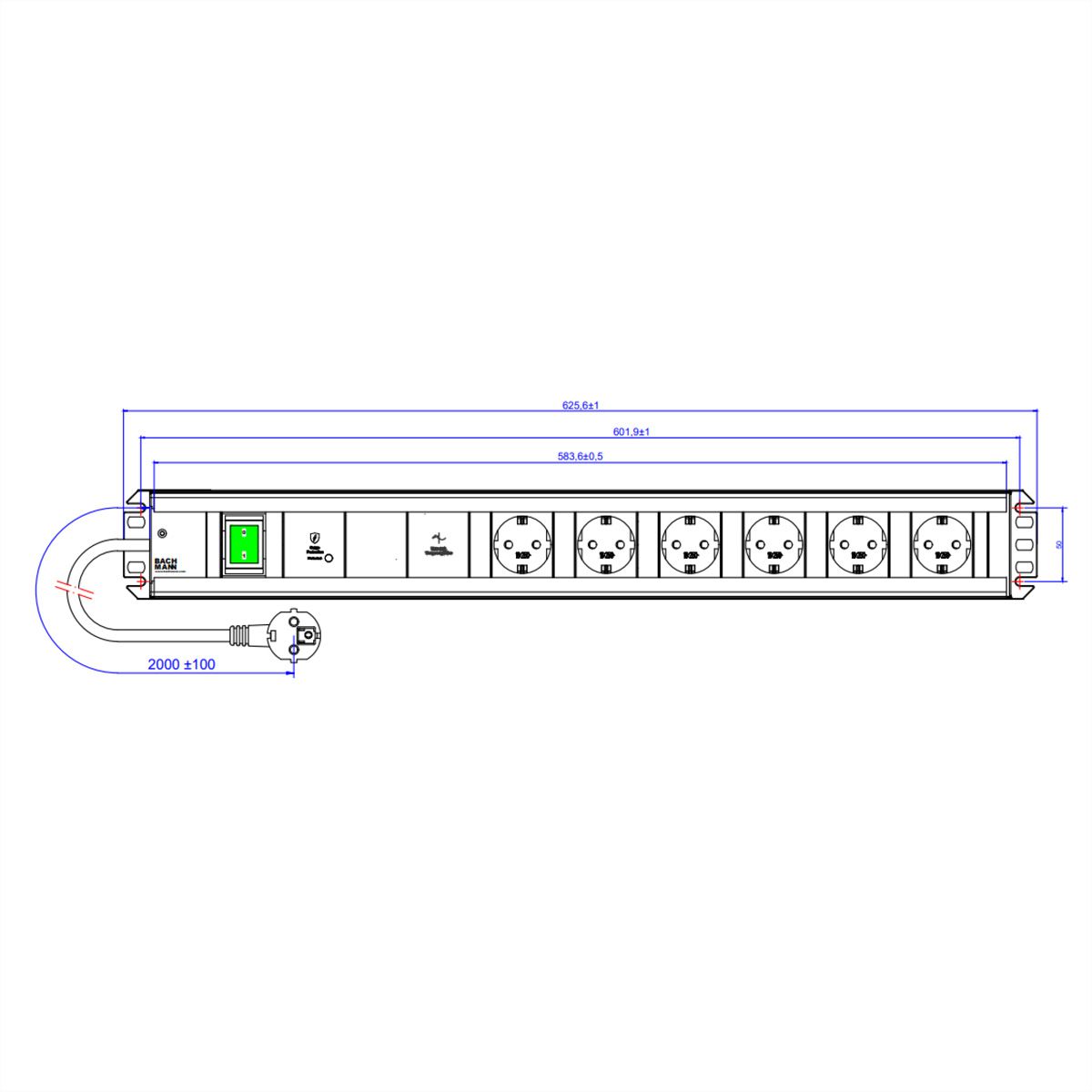 BACHMANN Multiprise 6xCEE7/3 1xGVS-Plus 1xinterrupteur 2,0m