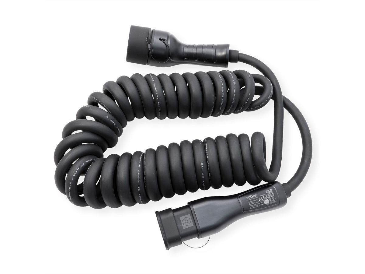 ROLINE E-Auto Ladekabel Typ2, 3-phasig, 480VAC (3P+N+E), 32 A, 22 kW, Spiralkabel (max. 5m)