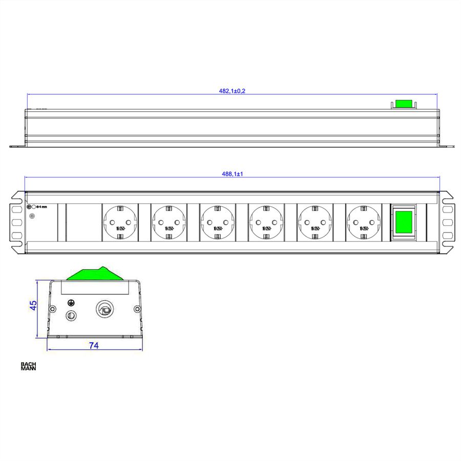 BACHMANN HANDWERKERLEISTE 6x Schutzkontakt, 1x Schalter