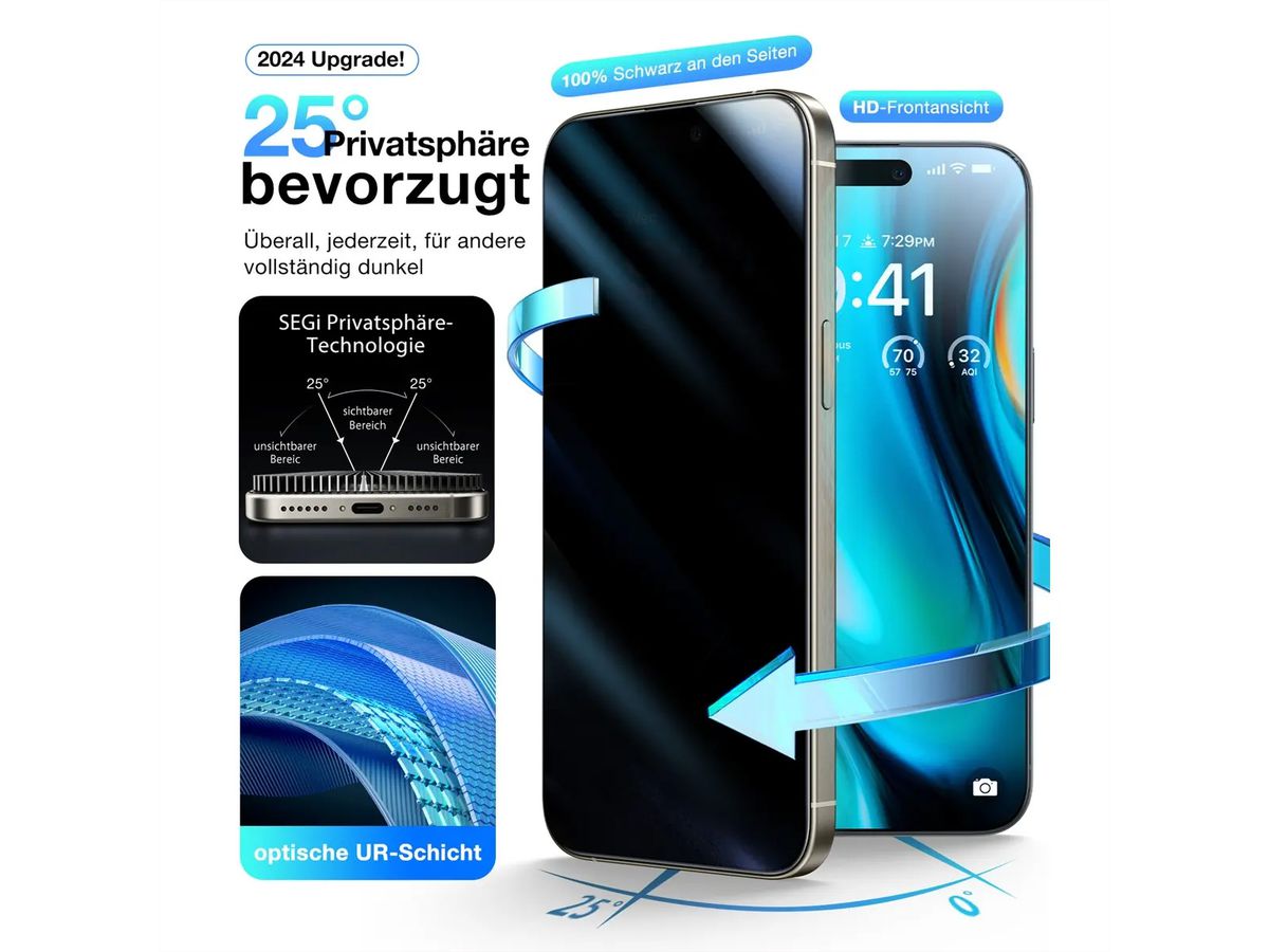 Torras Install Master Displayschutz, Privacy, iPhone 16 Pro Max, transparent