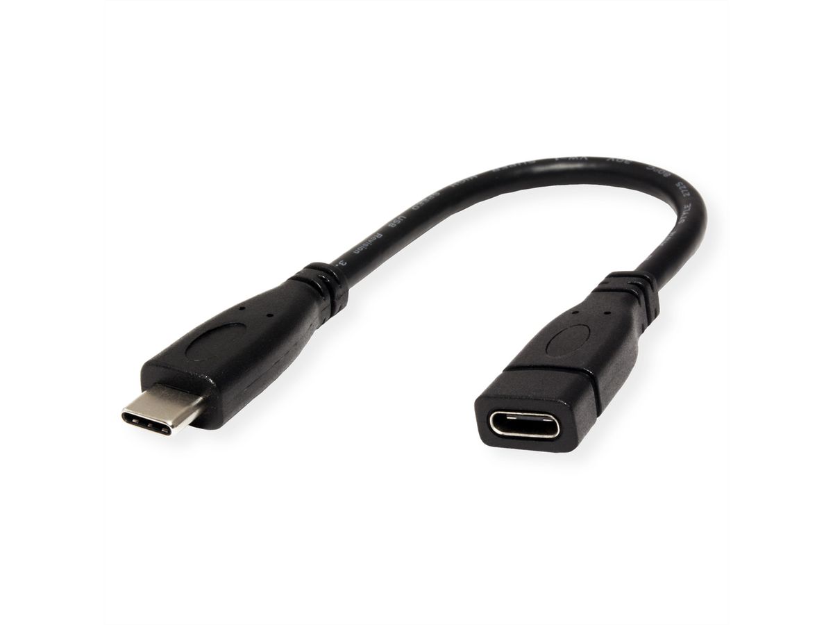 ROLINE Câble USB 3.2 Gen 2 Type C, C-C, M/F, 4K UHD-1, 10Gbit/s, 100W, noir, 0,15 m