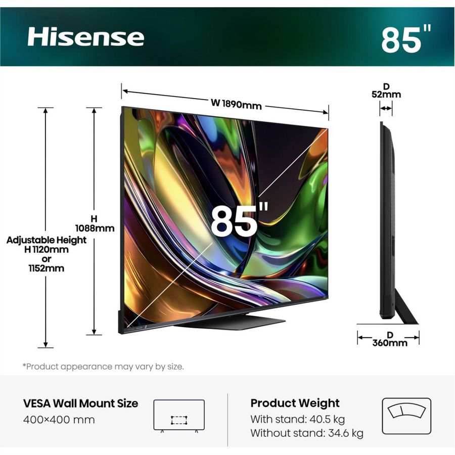 Hisense TV 85UR8DS 85", RGB Mini LED 4K, 180Hz, 3500 Nits