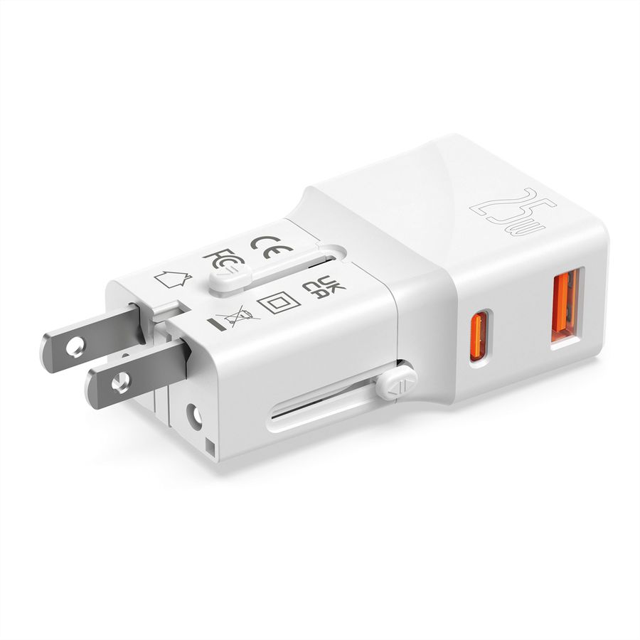 VALUE USB Reise-Charger mit Euro-Flach-/UK-/US-Stecker, 2 Port (Typ-A QC3.0, Typ-C PD), 25W