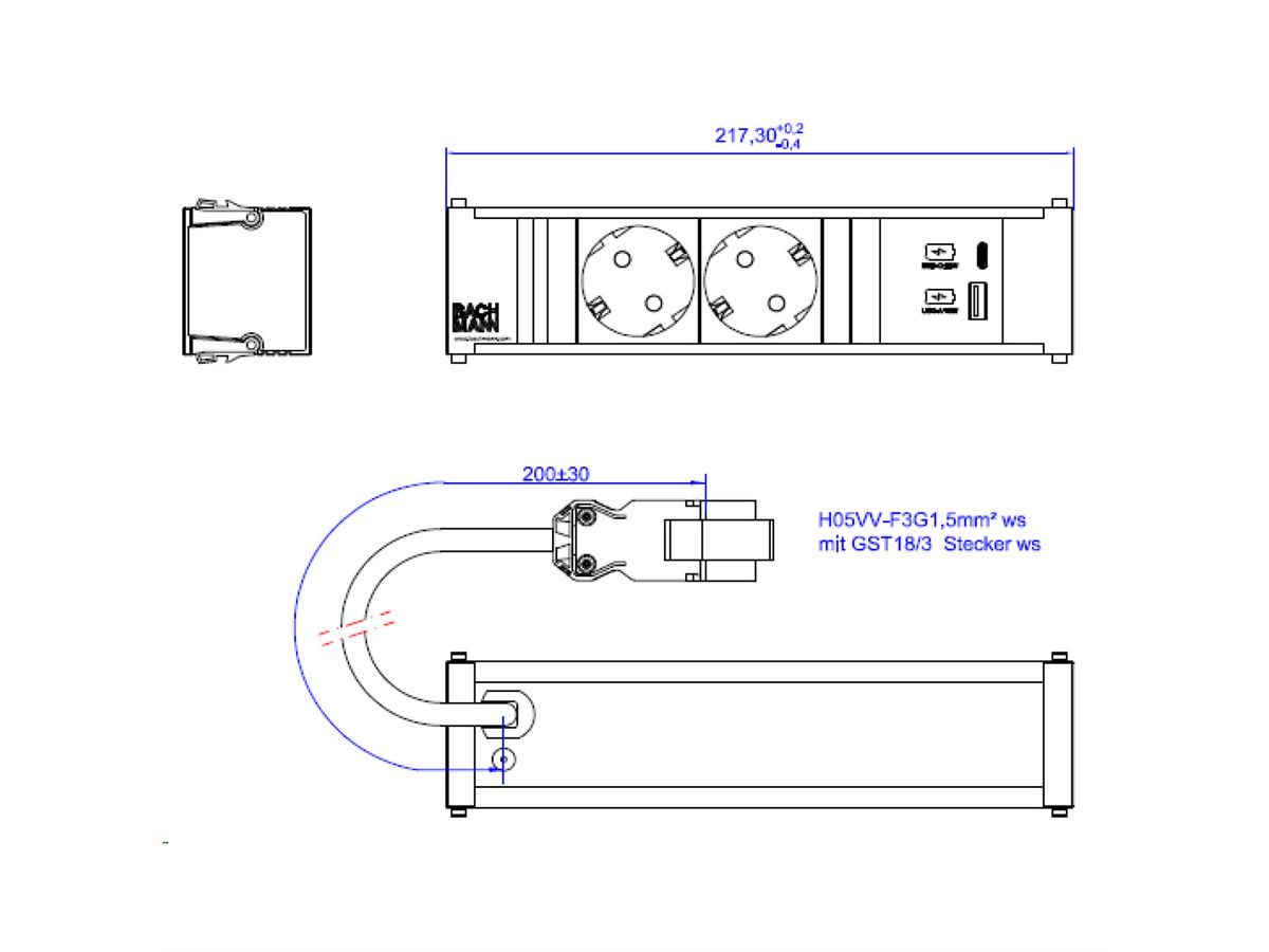 BACHMANN CONI 2xCEE7/3 1xUSB A/C 22W 0,2m GST18 RAL9010