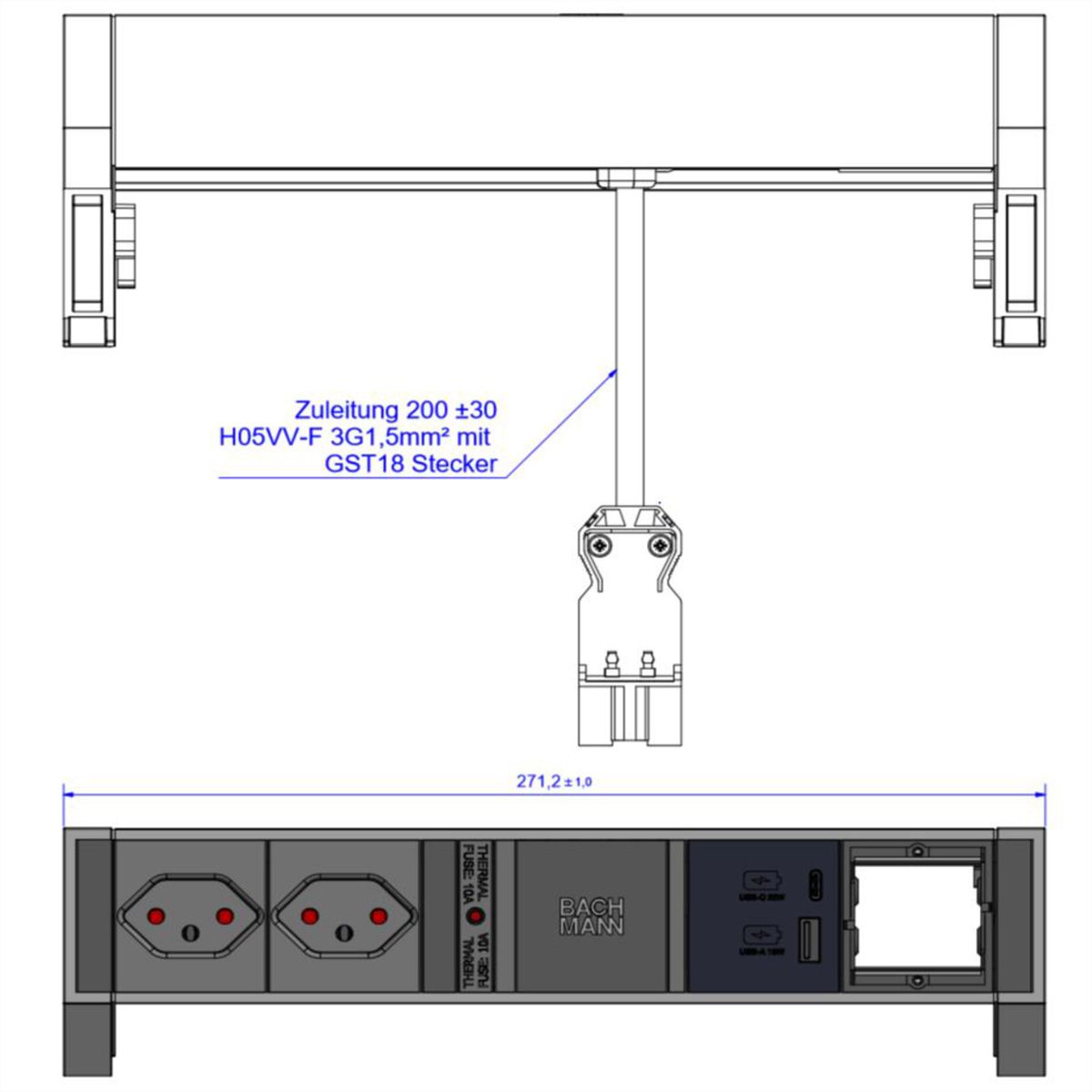 BACHMANN DESK2 2xCH 1xUSB A/C 22W 1xCM, 0,2m GST18 RAL9005 Schweiz