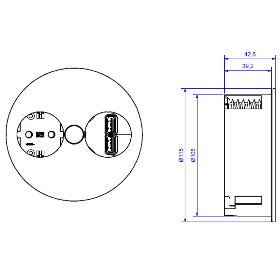 BACHMANN TWIST 1x Schutzkontakt, USB-Charger A/A 15W , GST18-Stecker, chrom, 0,2 m