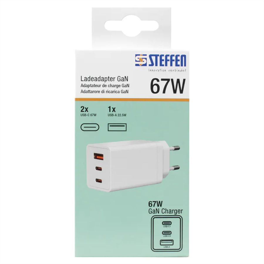 Steffen Adaptateur de charge GaN 67W, 1xUSB-A + 2xUSB-C max. 5,85A blanc