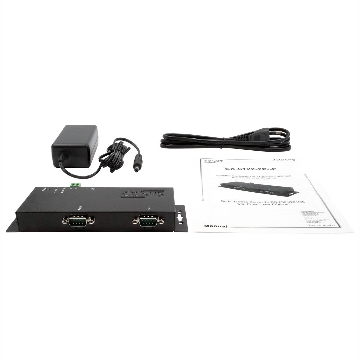 EXSYS EX-6122-2PoE Ethernet zu Seriell  2 x RS-232/422/485  mit 9 Pin Stecker inkl. Virtual Com Software PoE