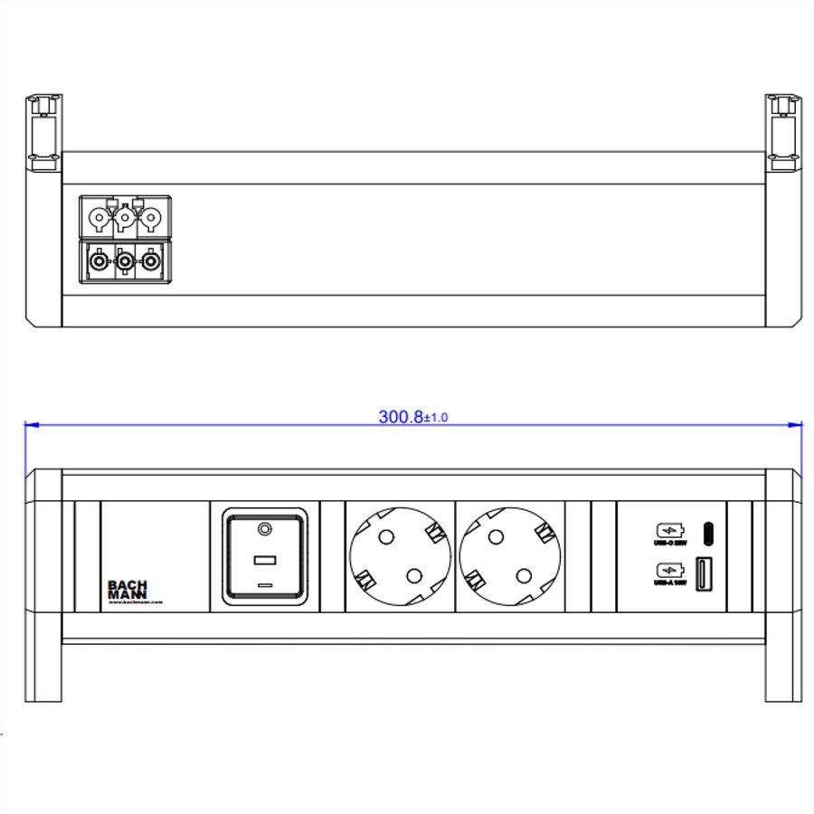 BACHMANN DESK 2xCEE7/3 1xcommutateur 1xUSB A/C 22W GST18 RAL9010