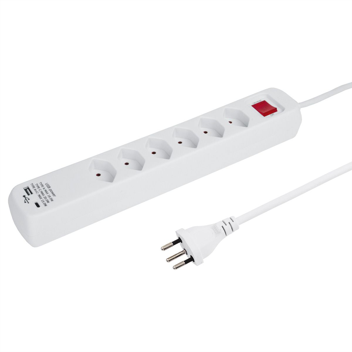 Steffen Bloc multiprises PowerEasy 6 prises, 1x USB-A, 1x USB-C, avec interrupteur, blanc, 1.5m