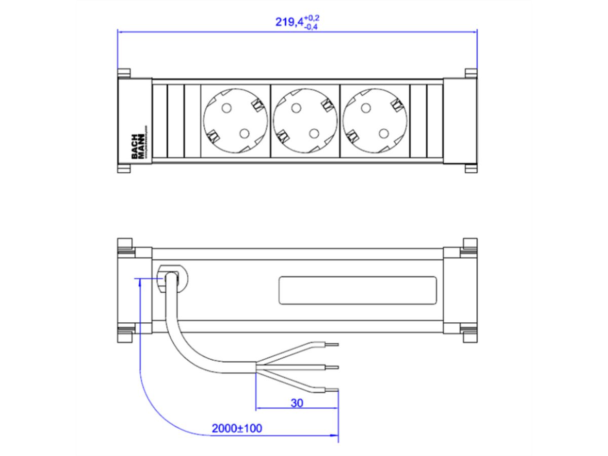 BACHMANN POWER FRAME 3xCEE7/3, Strom 2,0m AEH inkl. Montagestecker