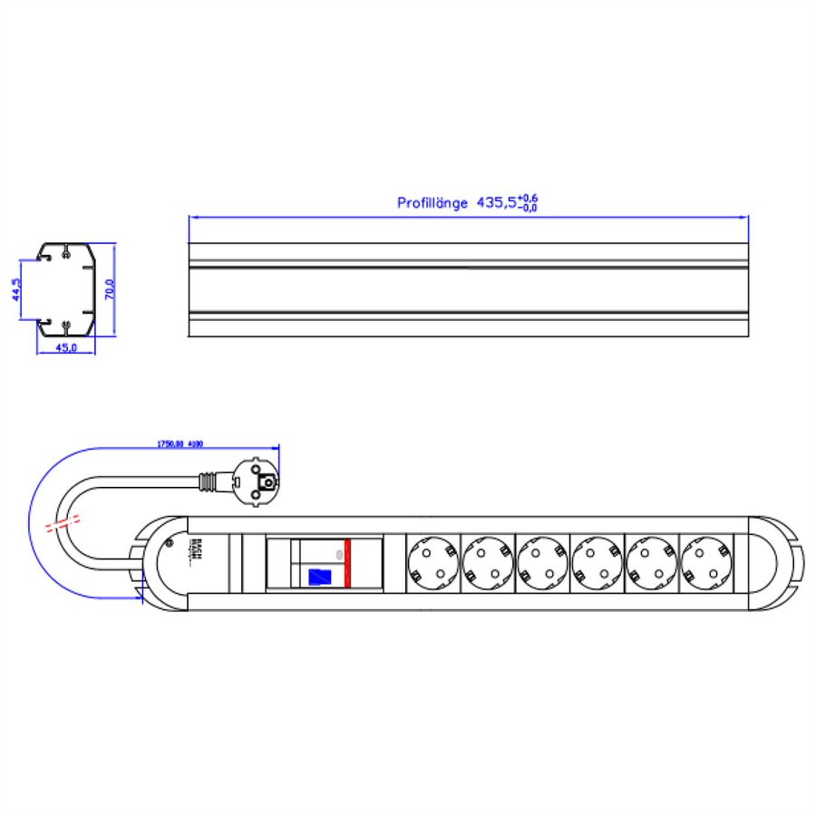 BACHMANN PRIMO RCD Steckdosenleiste 6x Schutzkontakt 1xRCD Schutz, Aluminium, 2 m