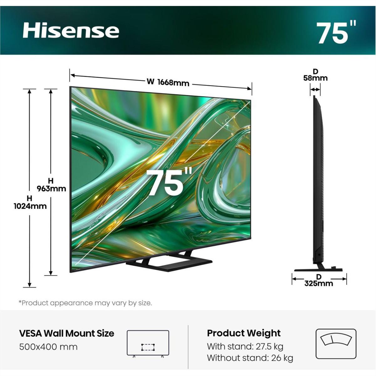 Hisense TV 75E8S 75", Mini-LED 4K, 144Hz, 600 Nits