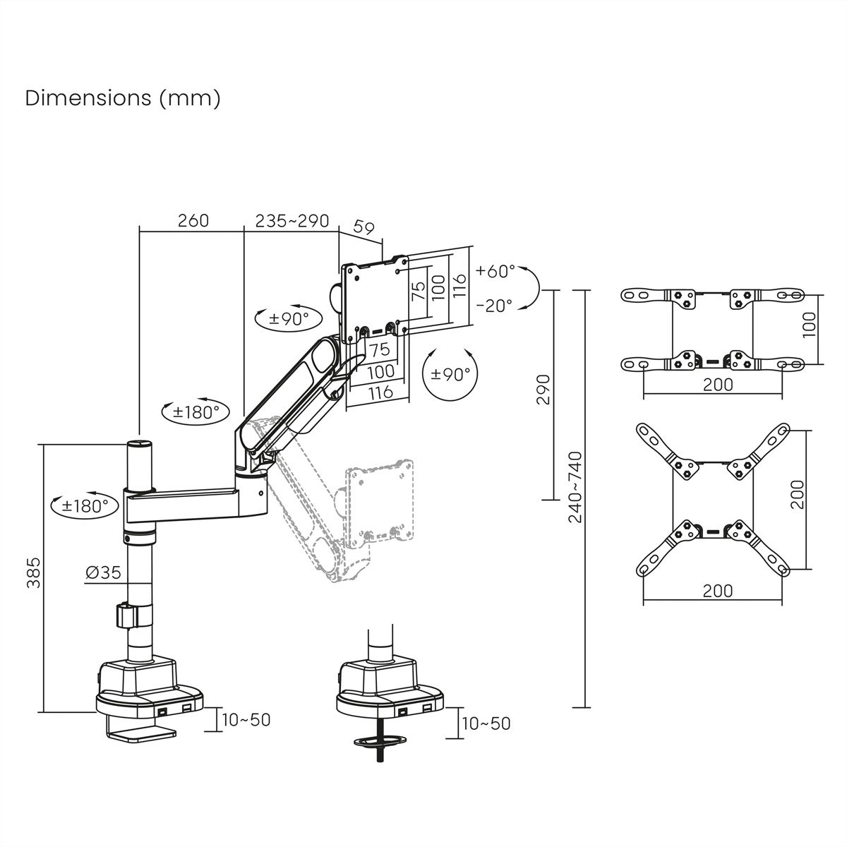 ROLINE LCD-Arm, Trägerstange, 4 Gelenke, Tischmontage, 24-57 Zoll, bis 27 kg, schwarz