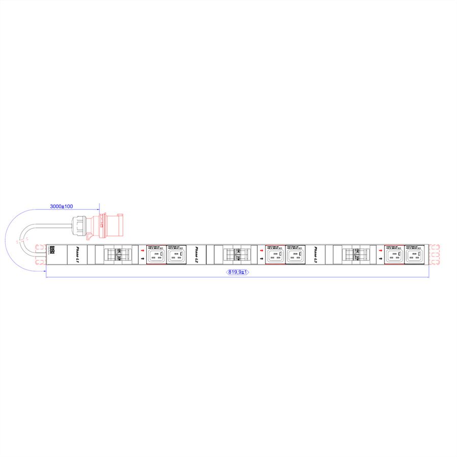 BACHMANN IT PDU ALU 0HE 6x C19 6x Leitungsschutzschalter CEE 3x32A rot