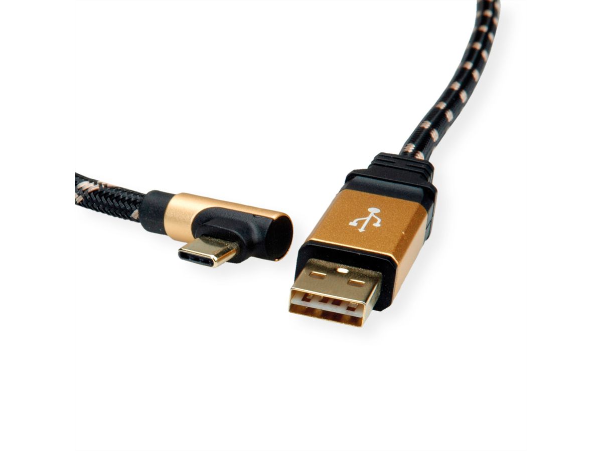 ROLINE GOLD Câble USB 2.0, USB-A mâle reversible - USB-C mâle, 90° coude, 1,8 m