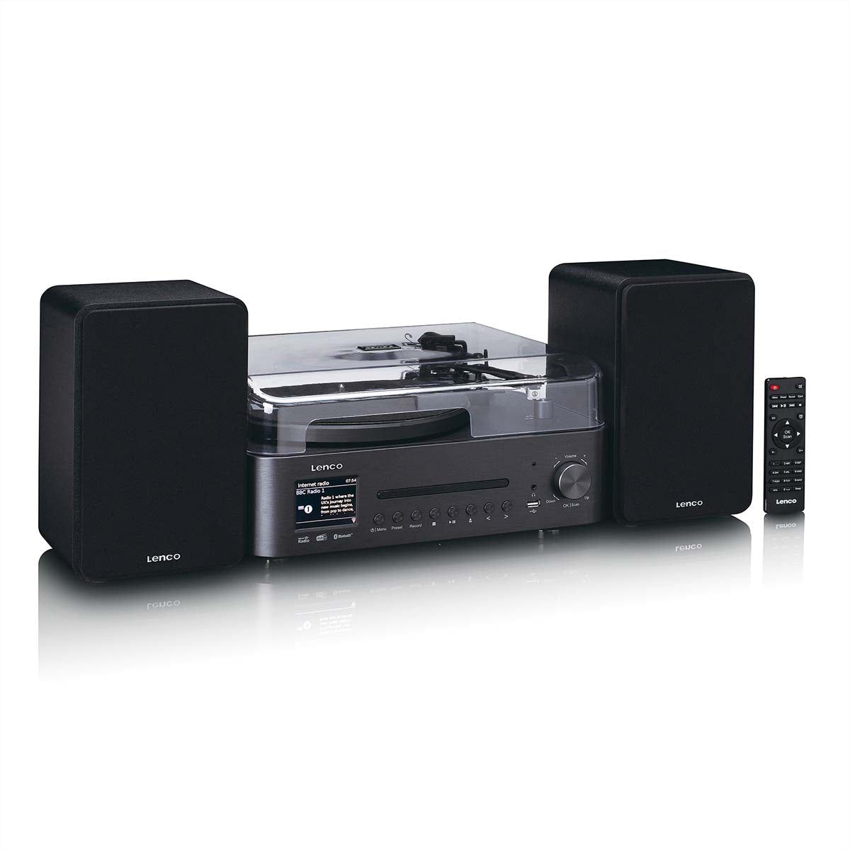 Lenco MC-760BK - Chaîne hi-fi stéréo avec platine vinyle et haut-parleurs, CD, MP3, BT, USB, RC
