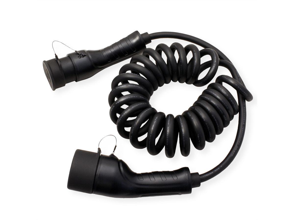 ROLINE Câble de recharge VE type2, 1-Phase, 250VAC (1P+N+E), 32 A, 7,4 kW, spirale (max. 3m)