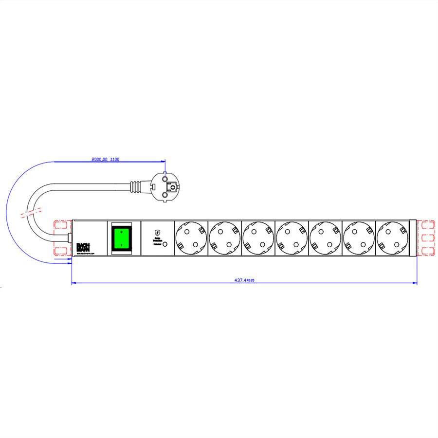 BACHMANN 19" 1UH 7xCEE7/3 1xSPD-Plus 1xcommutateur 2,0m CEE7/7