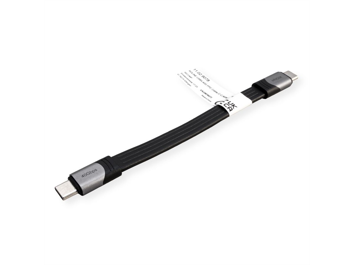 ROLINE Câble USB4 Gen3x2, C-C, M/M, 8K UHD-2, 40Gbit/s, 100W, plat, noir, 15 cm