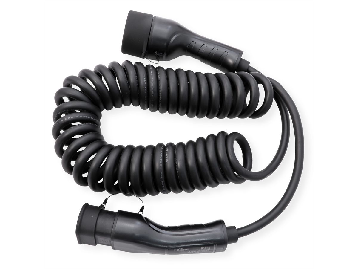 ROLINE Câble de recharge VE type2, 1-Phase, 250VAC (1P+N+E), 32 A, 7,4 kW, spirale (max. 5m)